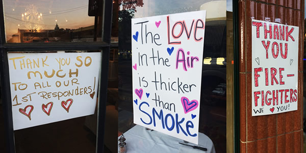 photo of signs thanking firefighters in downtown St. Helena